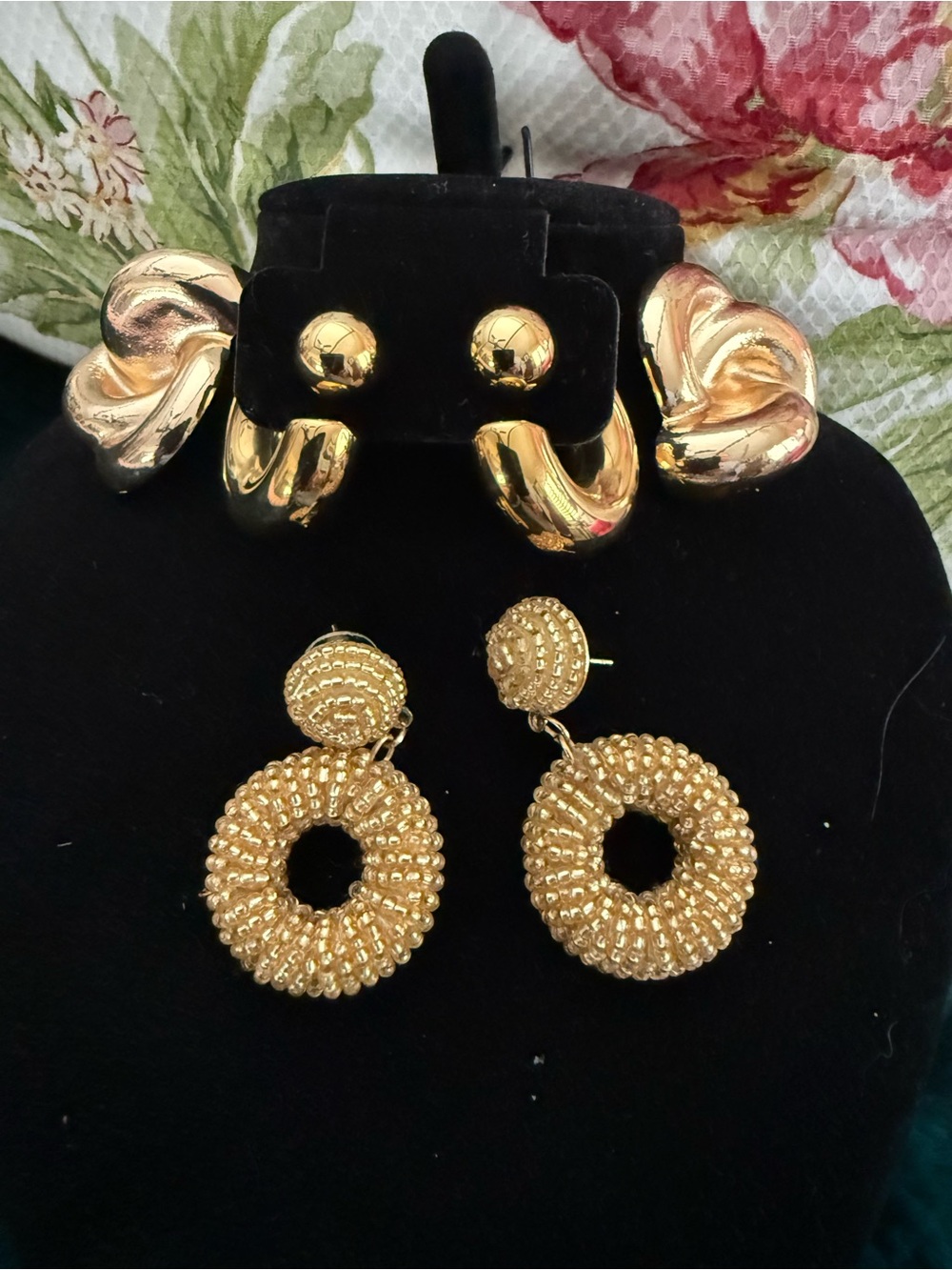 Will sell separately. Lot of 3 pierced statement gold earrings.